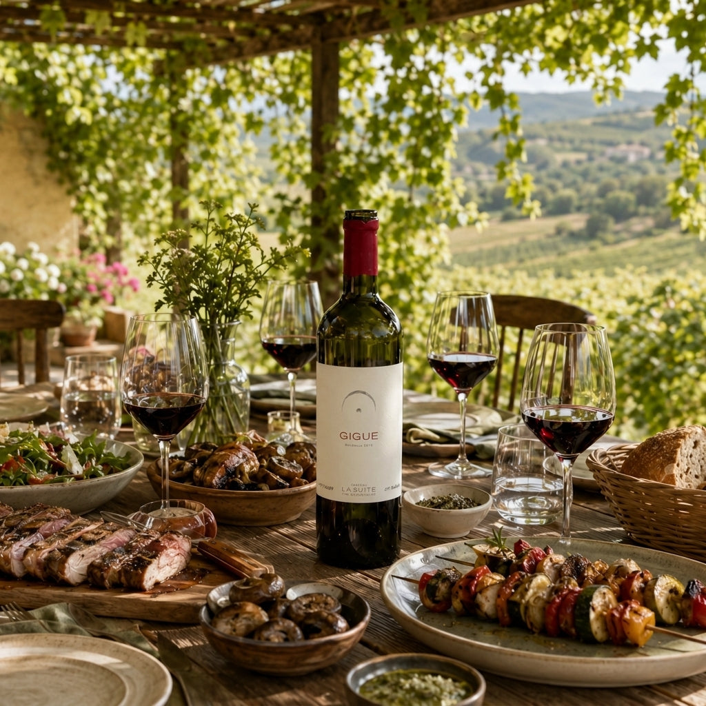 Flasche Gigue Bordeaux 2018 mit roter Kapsel unter einer hellen Pergola mit Grillgericht und Weinbergblick.