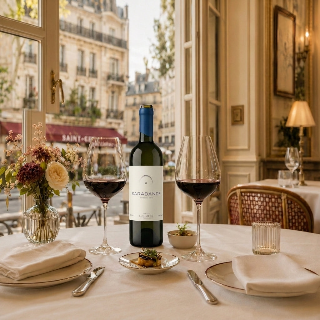 Flasche Sarabande Bordeaux 2016 mit korrektem Etikett auf einem Tisch in einem edlen Pariser Restaurant.