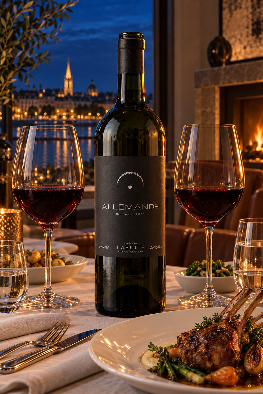 Allemande 2025, the bottle up close with two glasses of red wine on the table by the window