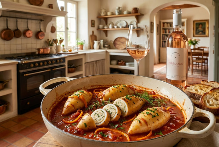 Calamars farcis in a tomato-herb broth