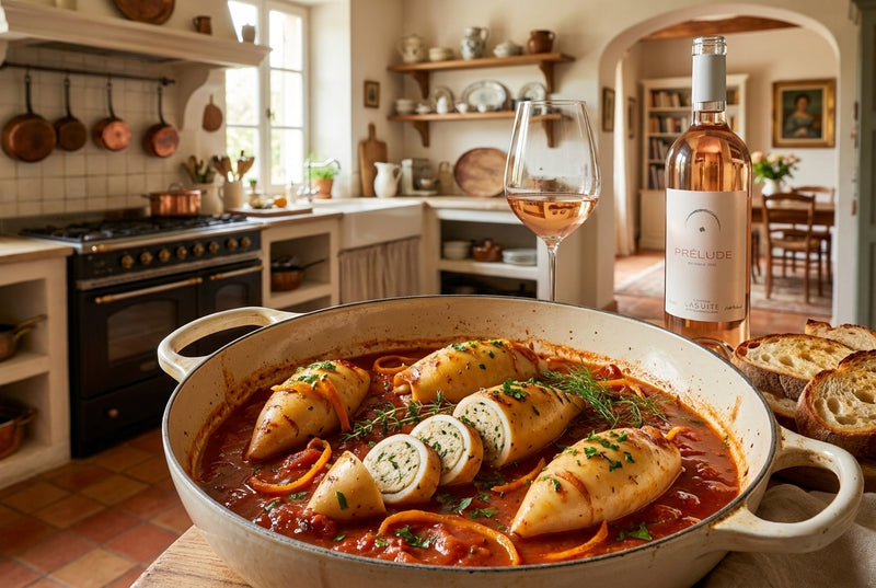 Calamars farcis – gefüllte Tintenfischtuben in Tomaten-Kräuter-Sud