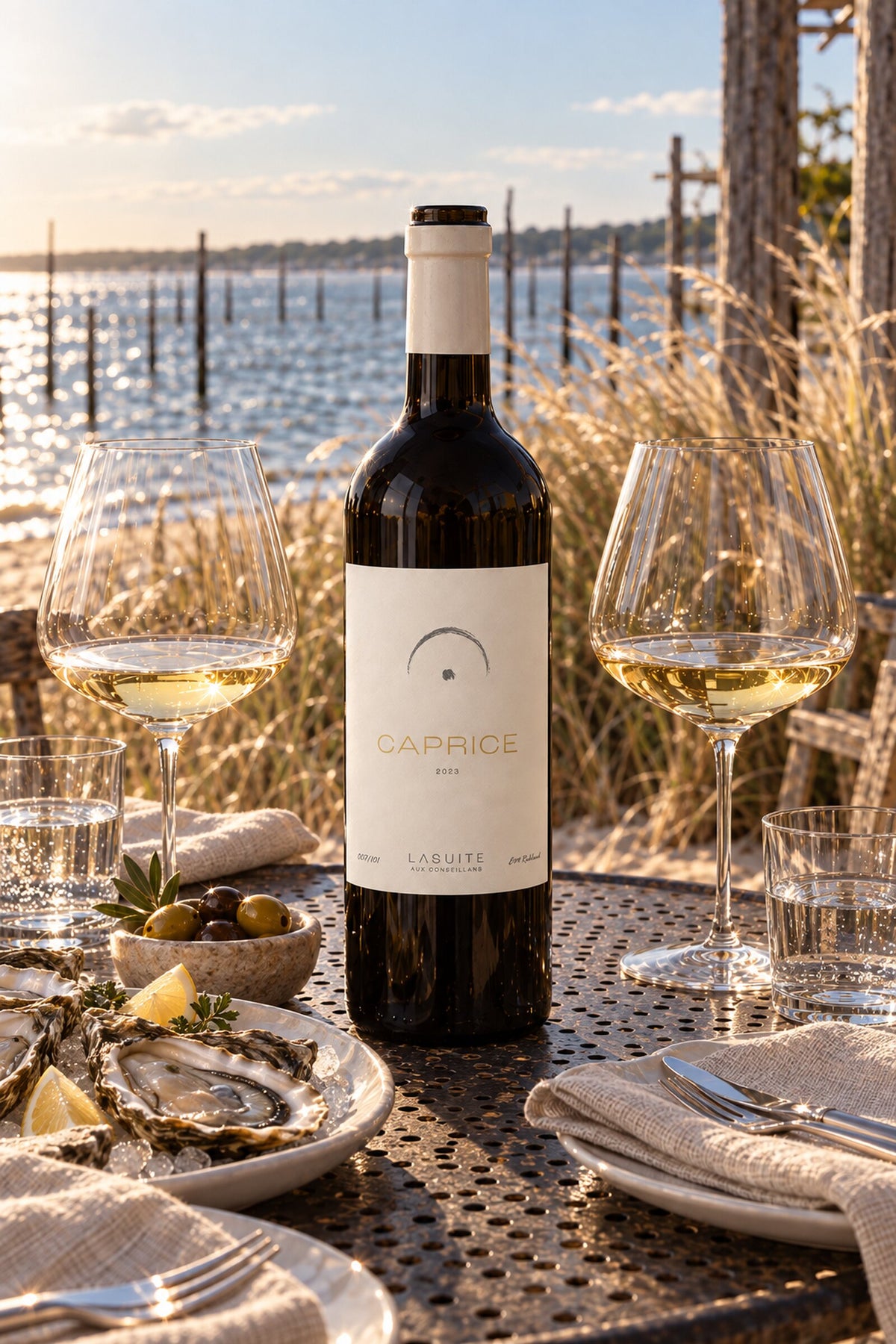 Caprice 2023, white wine (Vin de France) – bottle on a table by the Bassin d'Arcachon, with oysters