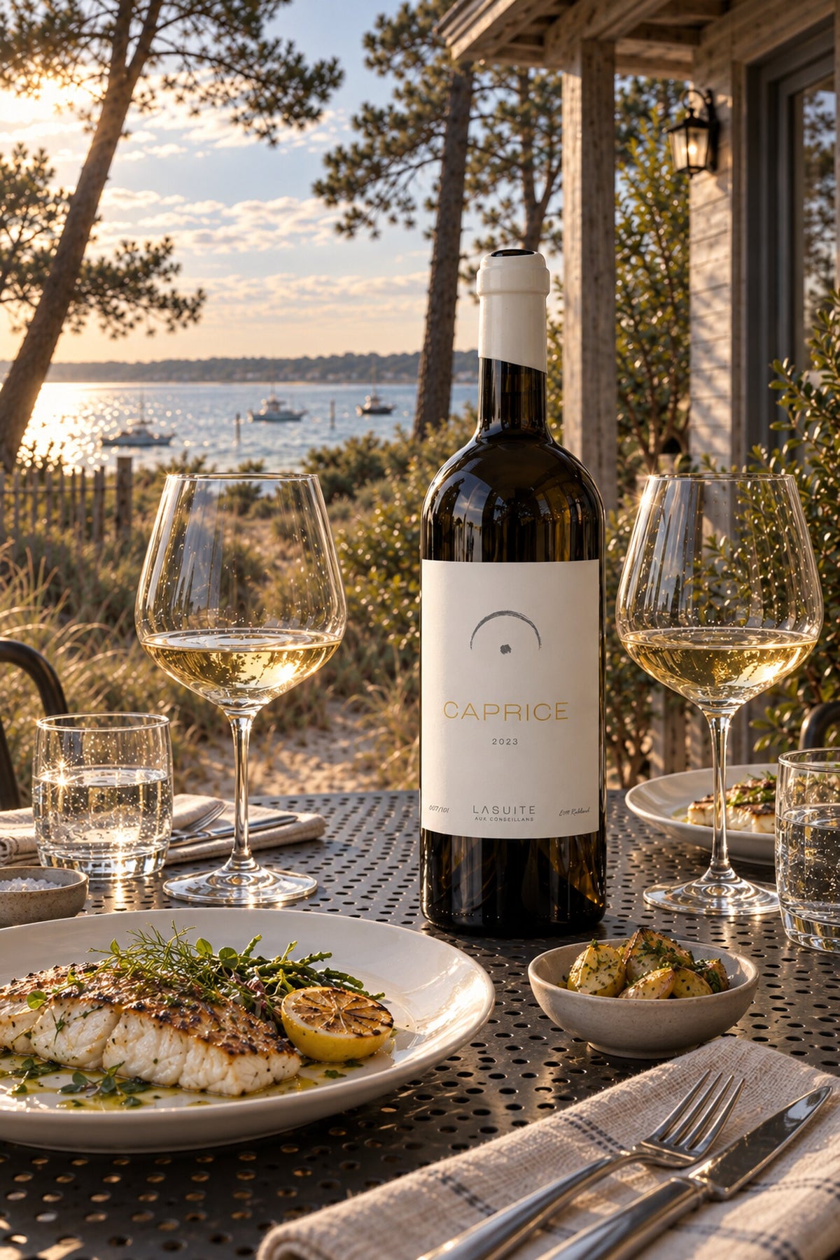 Caprice 2023, Weißwein (Vin de France) – Flasche auf der Veranda am Bassin, mit Fischgericht