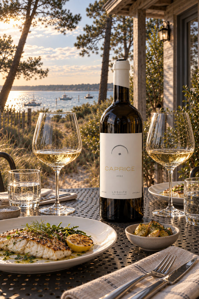Caprice 2023, white wine (Vin de France) – bottle on a veranda by the Bassin, with a fish dish