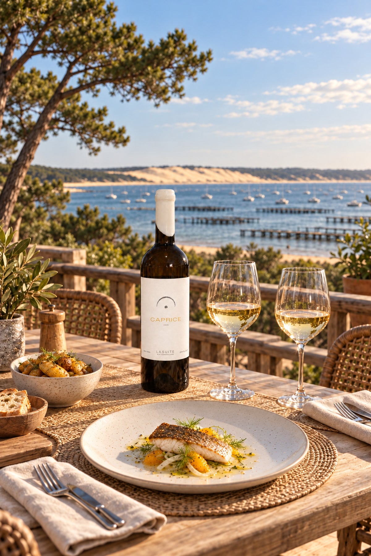 Caprice 2026, Weißwein (Vin de France) – so wird dieser Jahrgang einmal serviert: Tisch auf der Veranda am Bassin d'Arcachon, mit Fisch