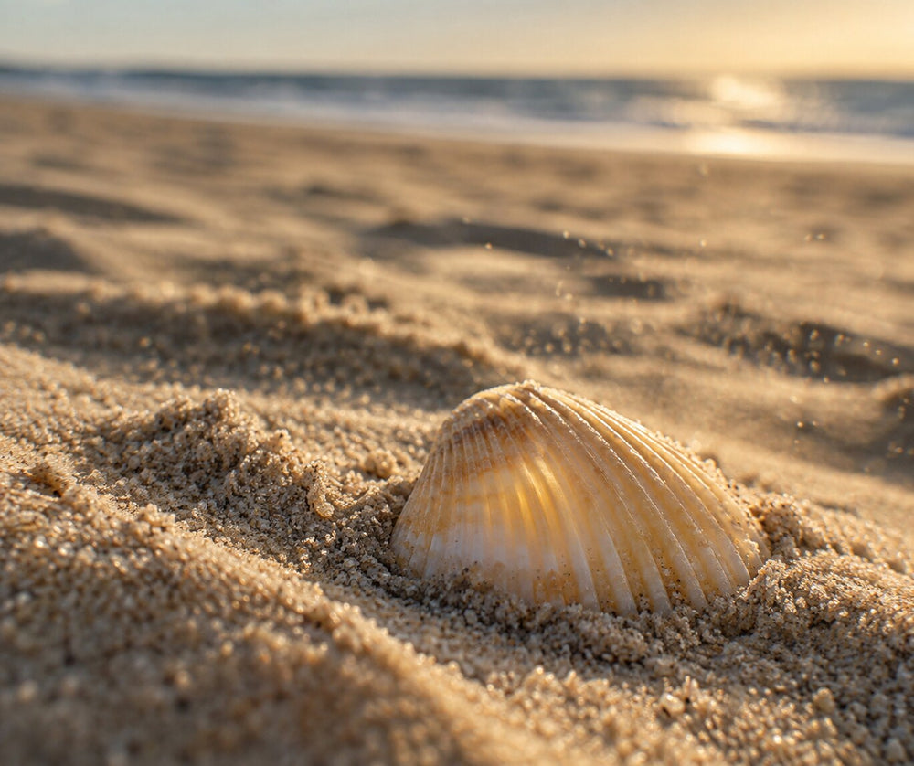 Eine Muschel im hellen Sand am Atlantik, im Gegenlicht