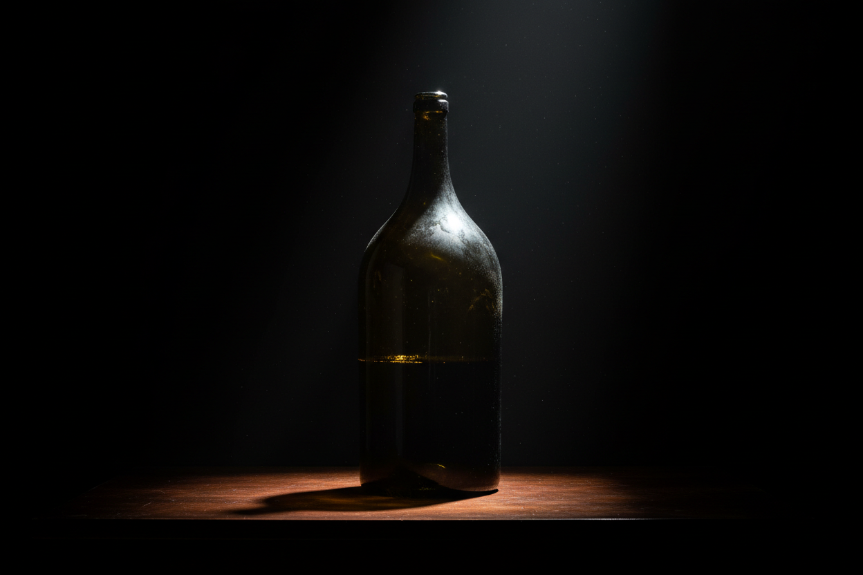 Cinematic shot of a large format wine bottle (Magnum) standing on a dark wooden table, dramatic side lighting highlighting the silhouette and the glass texture. Dark background, dust particles dancing in a ray of light, luxurious and imposing appearance. Do not show details of the wine bottle label