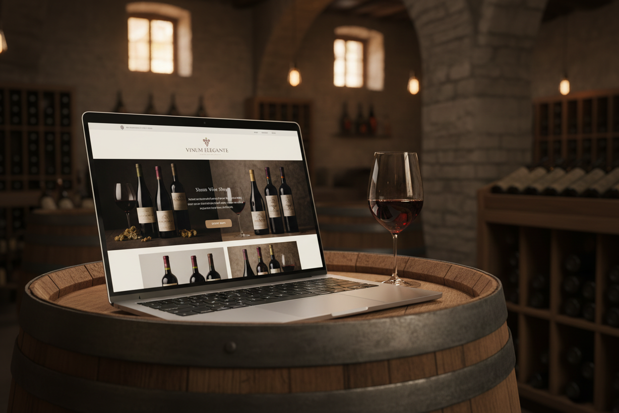 Close-up of a modern laptop screen displaying an elegant online wine shop, resting on an old oak wine barrel in a dimly lit wine cellar. Warm ambient lighting, focus on the screen and a glass of red wine next to it. High-end photography, professional, sleek.