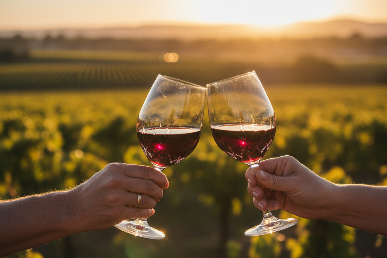 Close-up of two hands making a toast with crystal glasses filled with ruby red wine. Bokeh background of a vineyard at sunset. Warm golden hour light, sparkles in the wine, celebrating friendship and loyalty. Photorealistic, emotional.