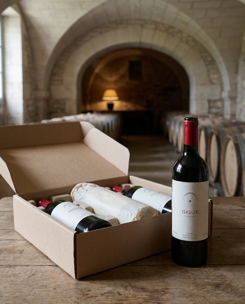 Open shipping box with three bottles of Gigue in the vaulted cellar of the Domaine aux Conseillans