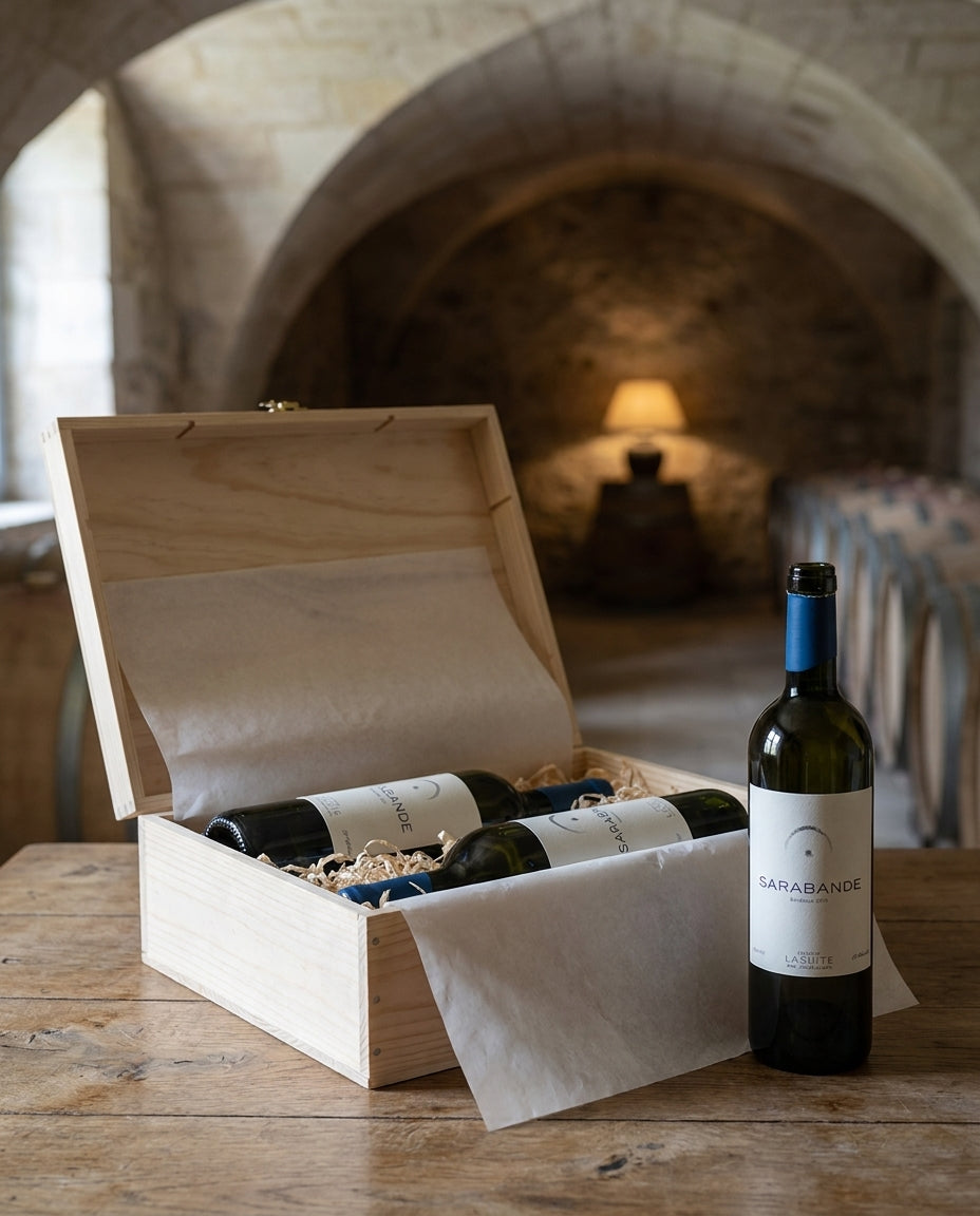 Open original wooden case with three bottles of Sarabande in the vaulted cellar of the Domaine aux Conseillans