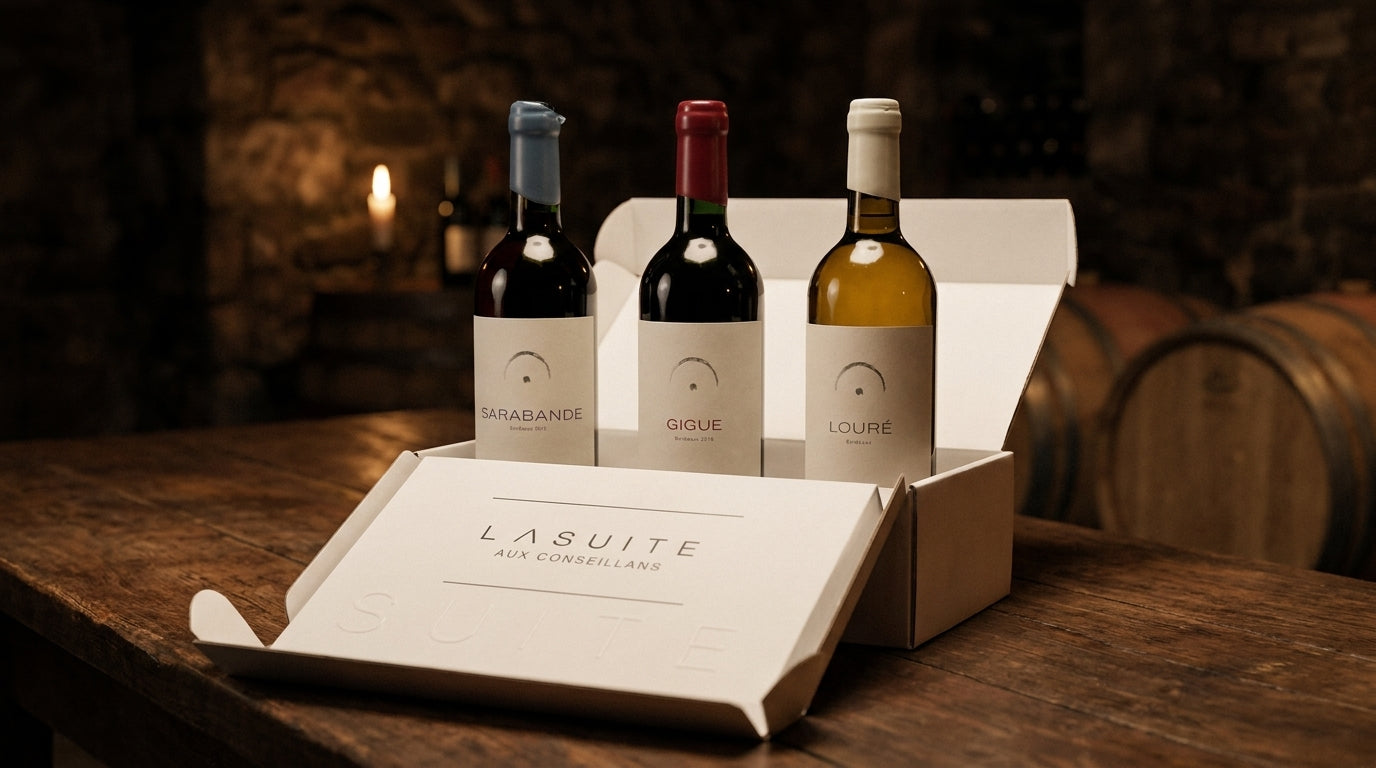 Offene weisse LaSuite-Pappkiste mit den drei Weinen Sarabande 2015, Gigue 2016 und Loure 2024, Etiketten lesbar, in dunkler Kellerszene bei Kerzenlicht.
