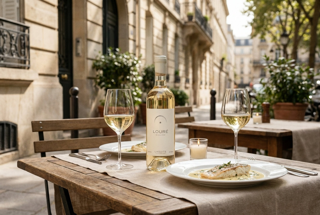 Flasche Louré Bordeaux weiss 2024 auf einer Pariser Terrasse mit Fischgericht, weiter gerahmte Szene.