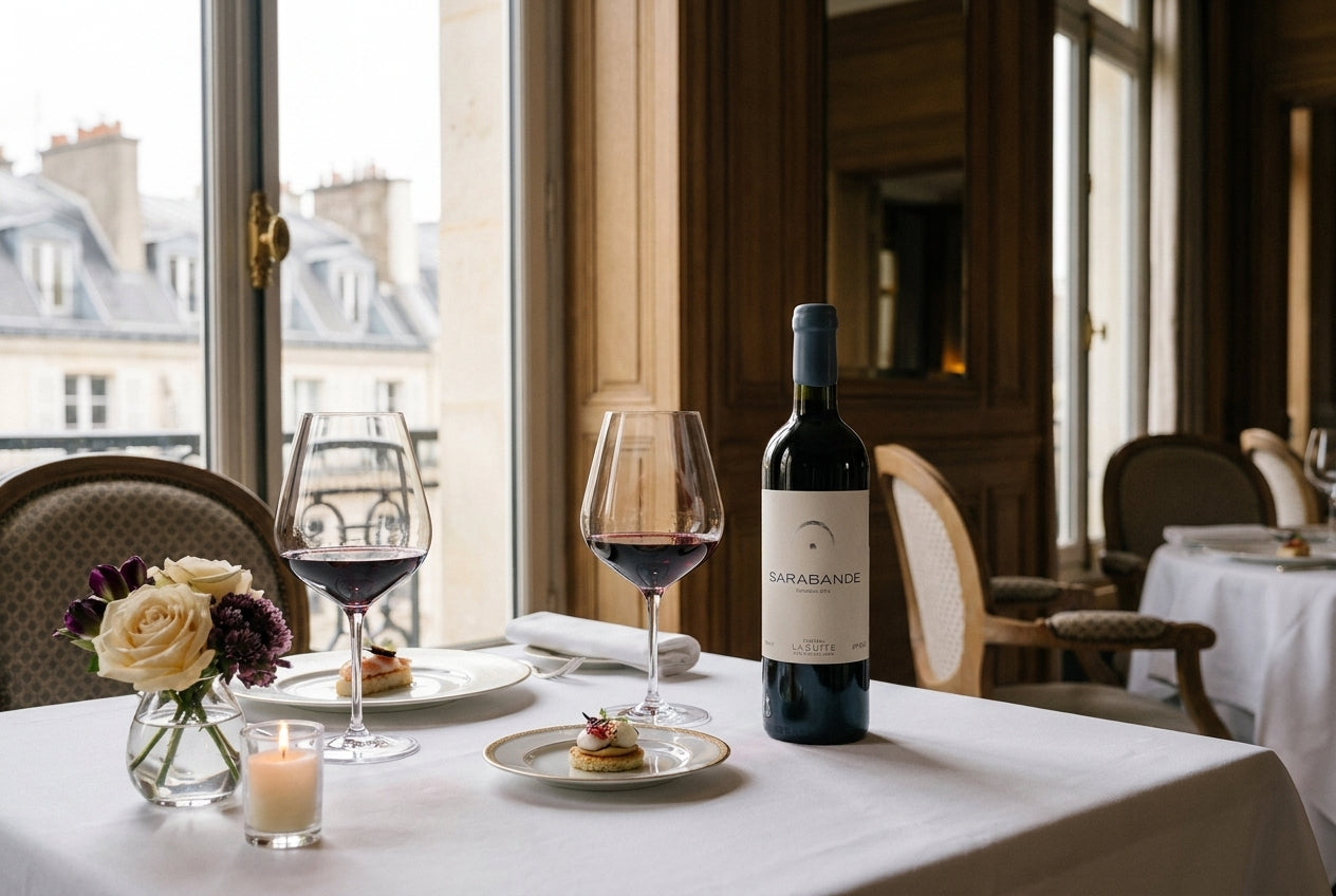 Flasche Sarabande Bordeaux 2015 auf einem Pariser Restauranttisch fuer zwei, weiter gerahmte Szene.