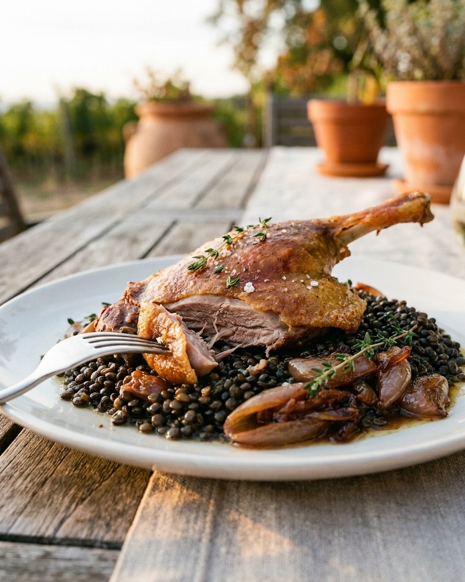 Duck leg confit with crisp skin on beluga lentils and shallots.