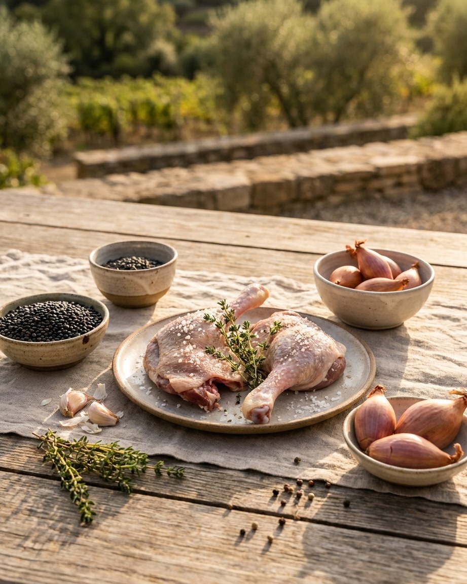 Curing the legs: duck legs with coarse salt and thyme, alongside beluga lentils, shallots and garlic.