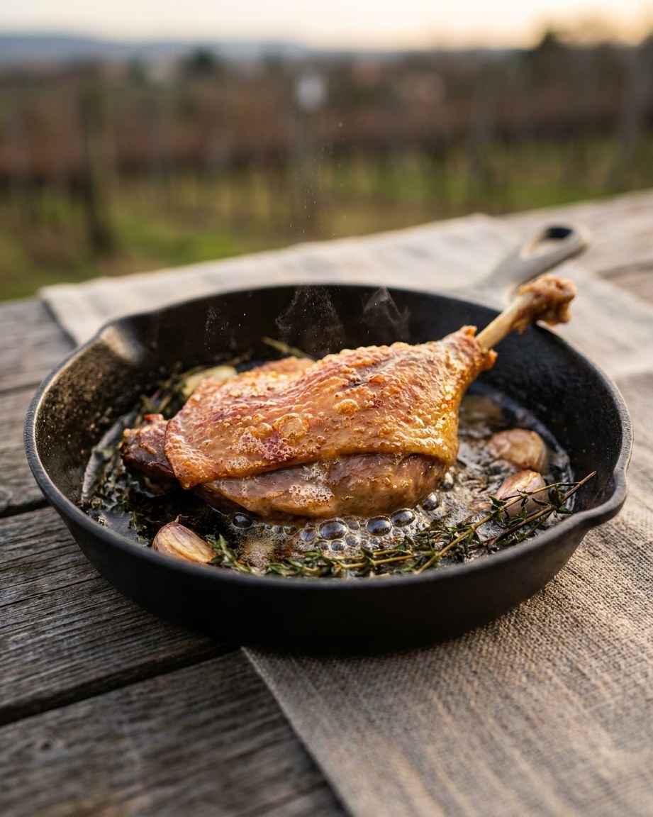 Crisping the skin: the confit leg goes briefly into a hot pan.
