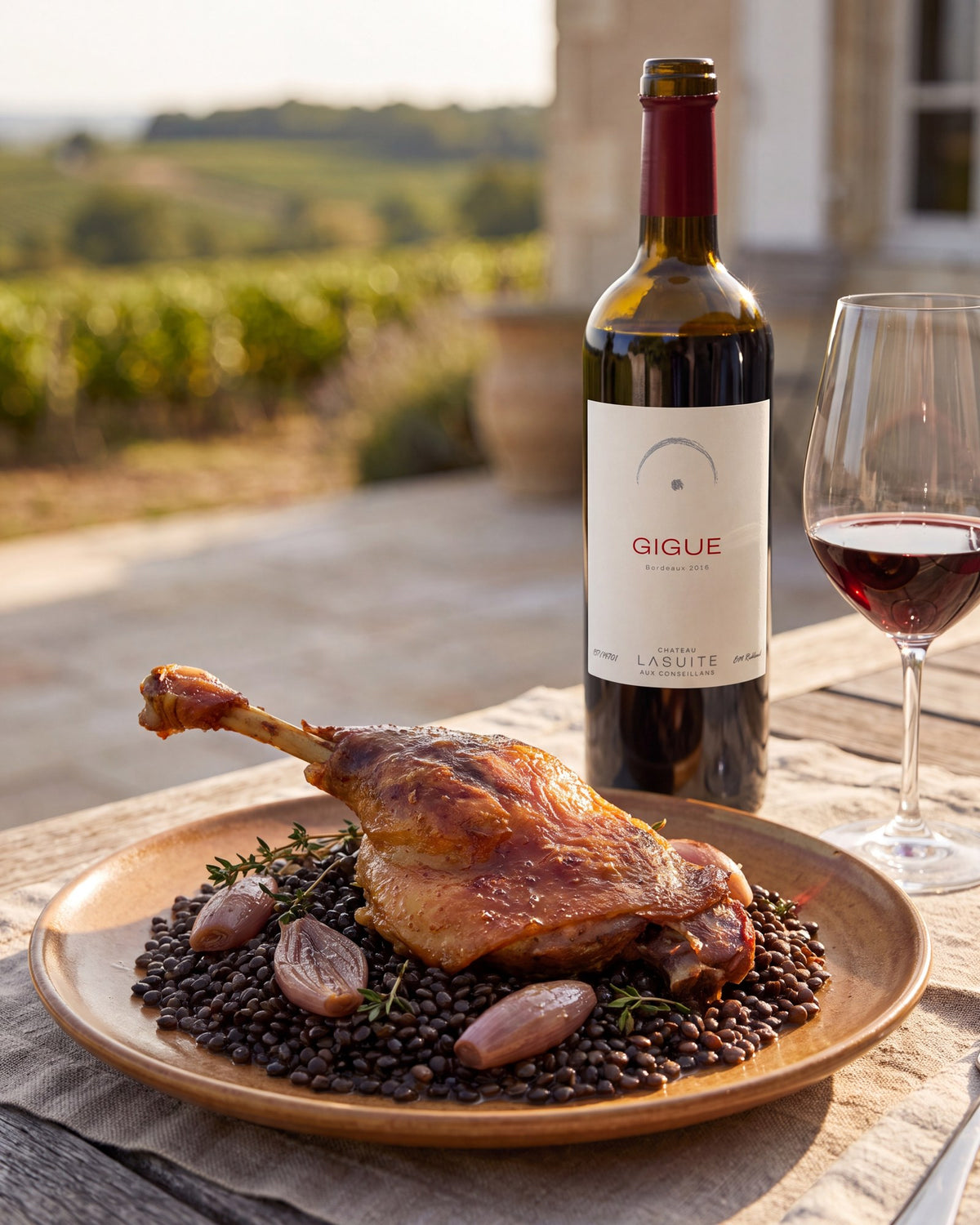 With Gigue: its lively fruit and fine tannins carry the rich confit and the earthy lentils.