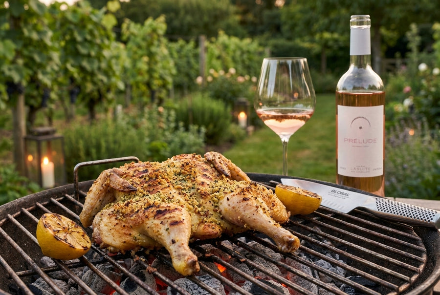 Coquelet en crapaudine from the grill, mustard-herb crust