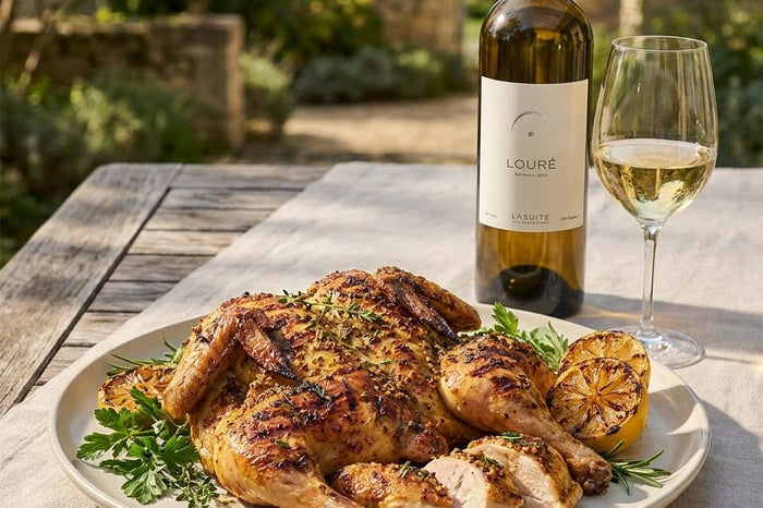 Coquelet en crapaudine vom Grill, Senf-Kräuter-Kruste