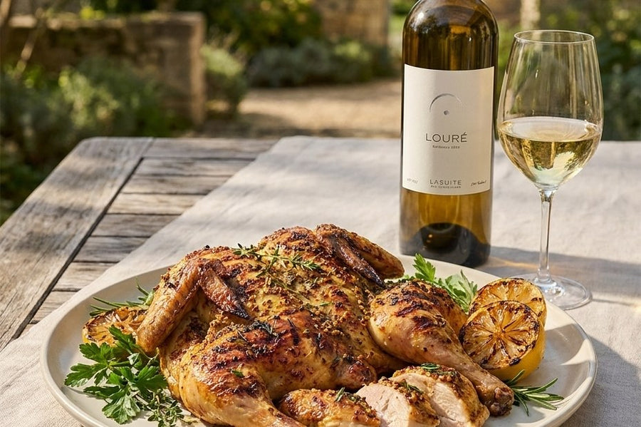 Coquelet en crapaudine from the grill, mustard-herb crust