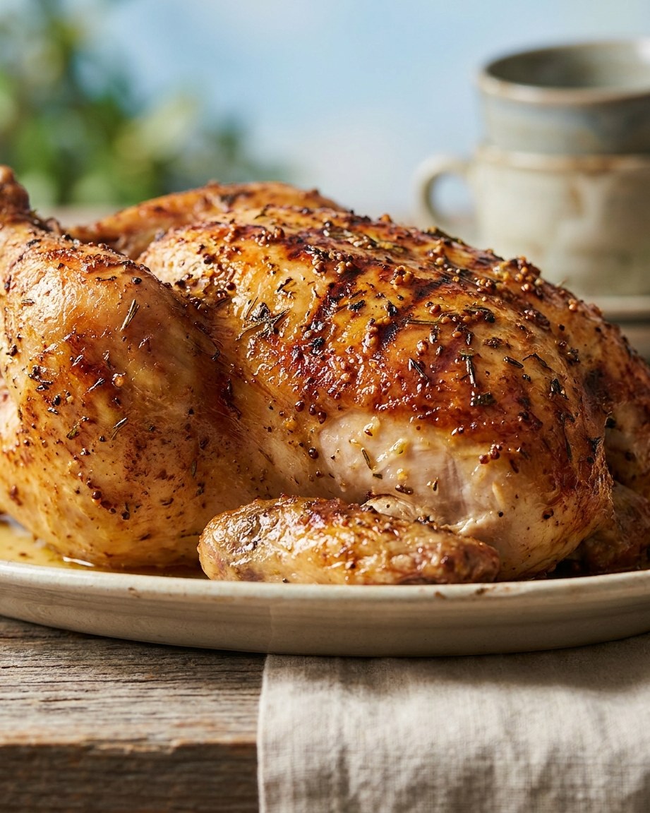 Grilled coquelet with a crisp mustard and herb crust.