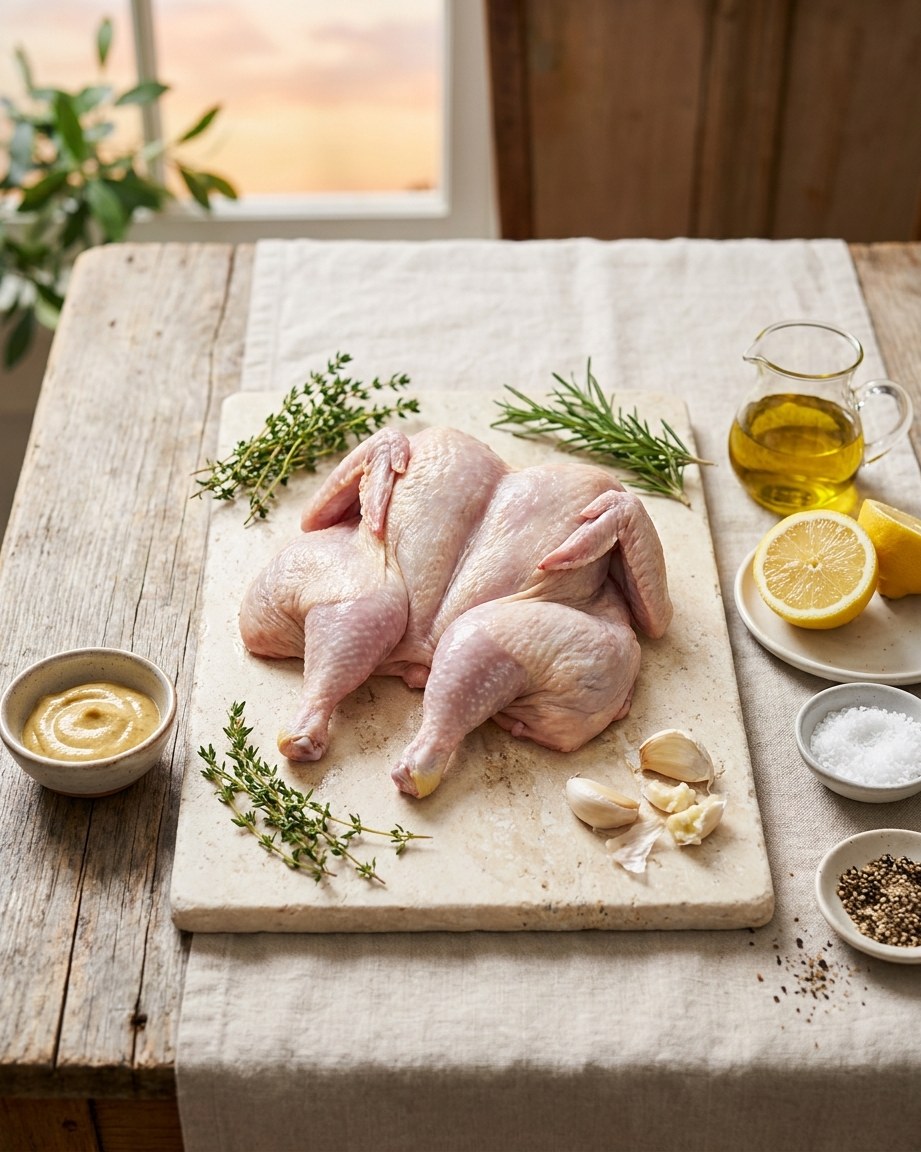 Spatchcocking: cut the bird along the backbone and press it flat; alongside, Dijon mustard, herbs, garlic and lemon.