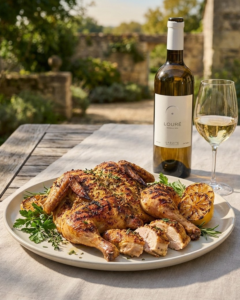 With Louré: its body stands up to the mustard crust, and its freshness cuts through the spice.