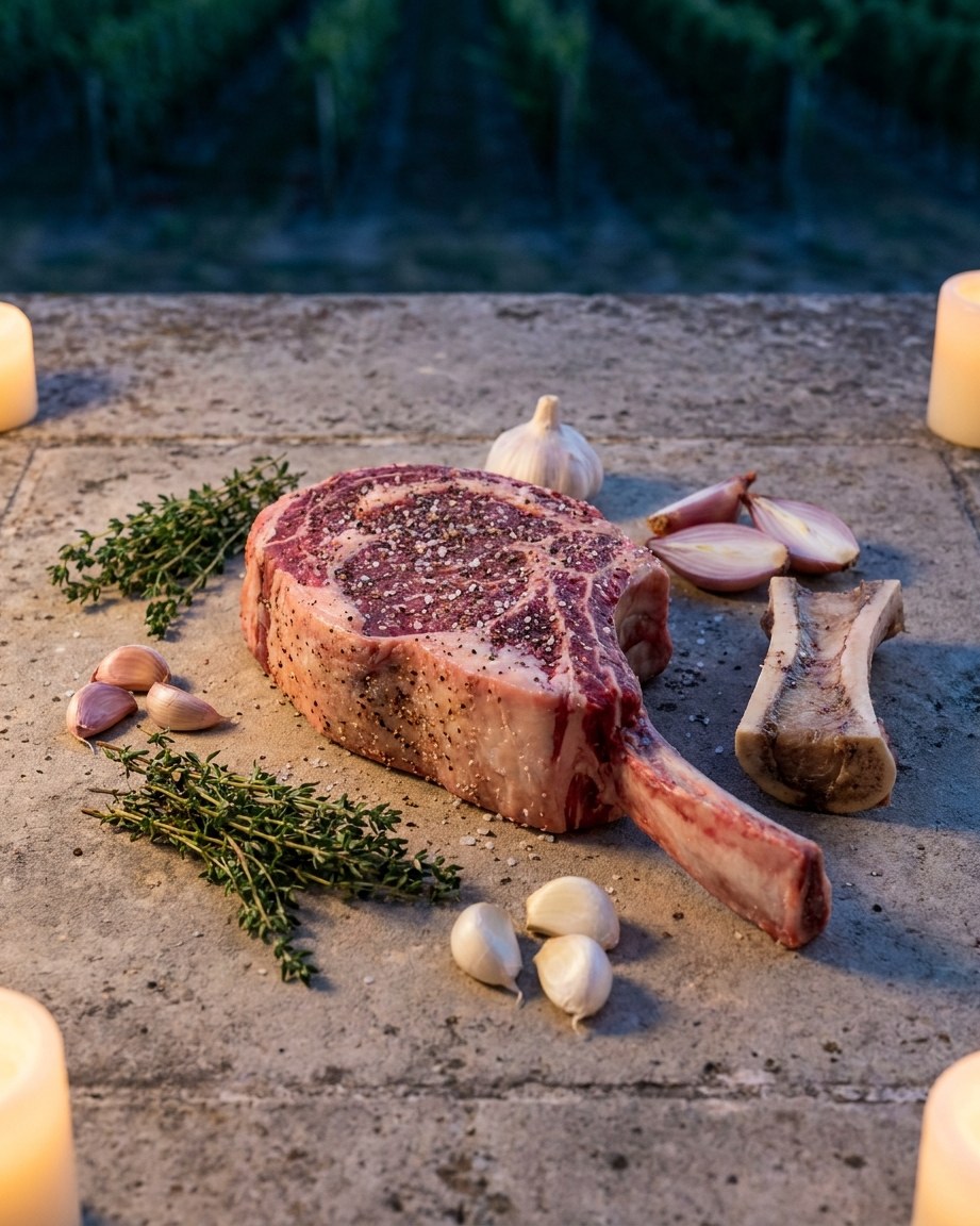 Les ingrédients : côte de bœuf avec l'os, os à moelle, échalotes et thym.