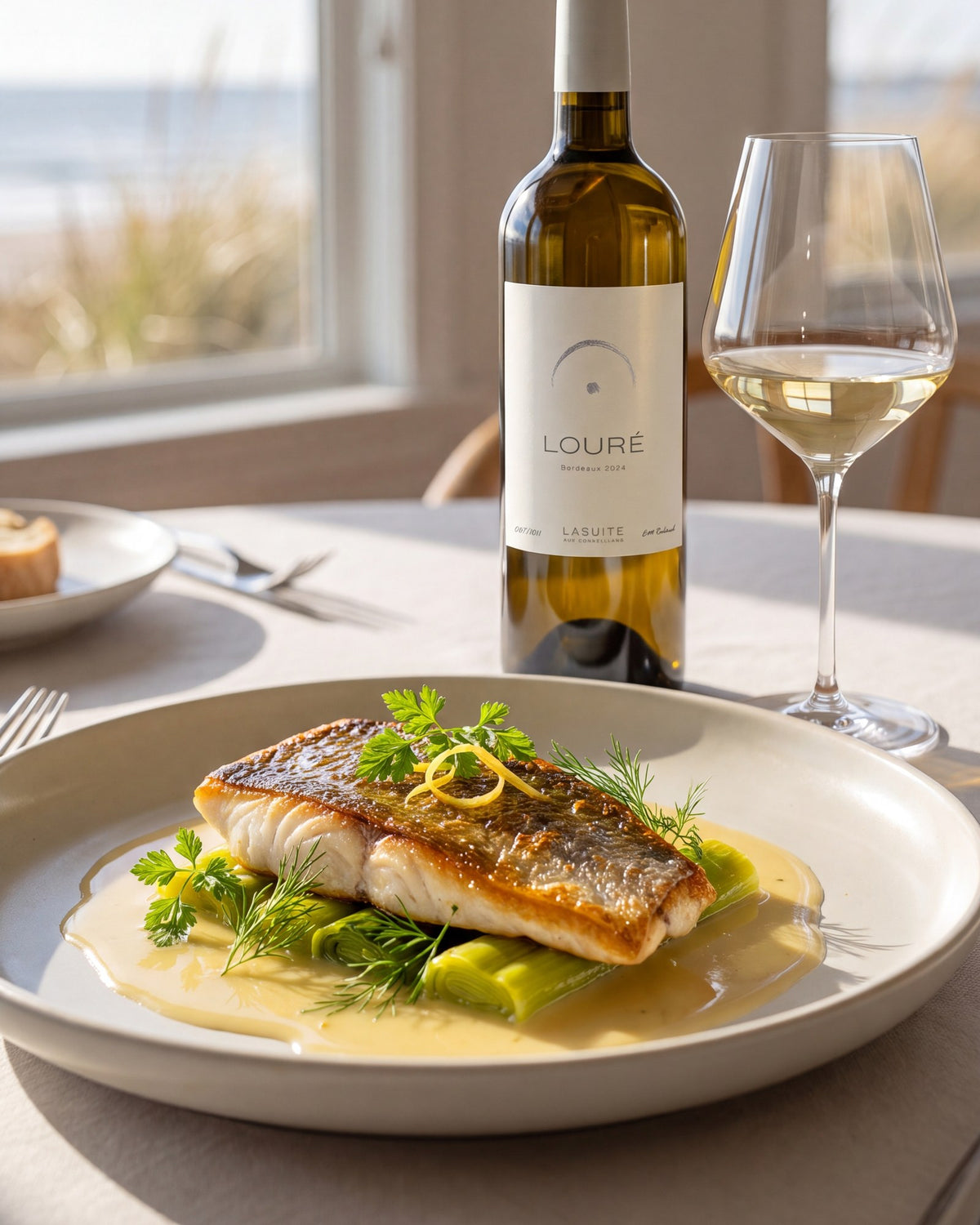Filet de dorade cuit sur la peau, beurre blanc et poireau braisé.