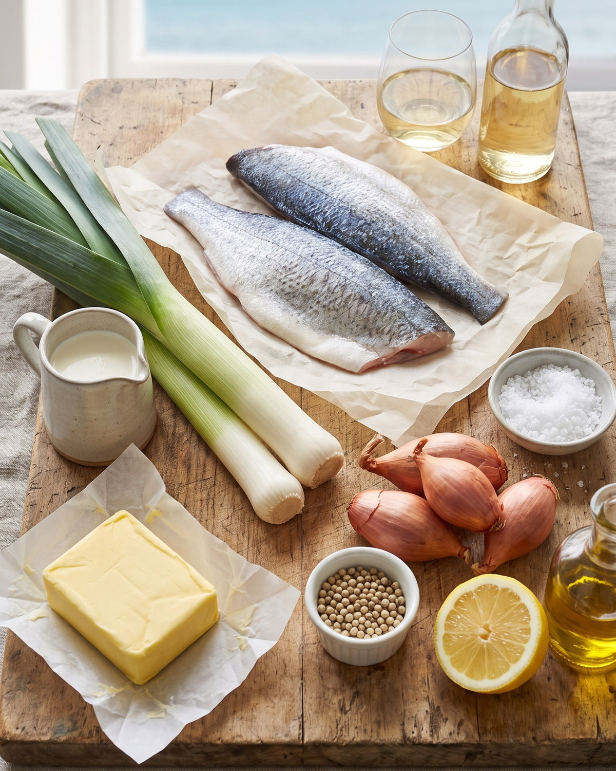 Les principaux ingrédients : filets de dorade avec peau, poireaux, échalotes, beurre, crème, vin blanc et citron.