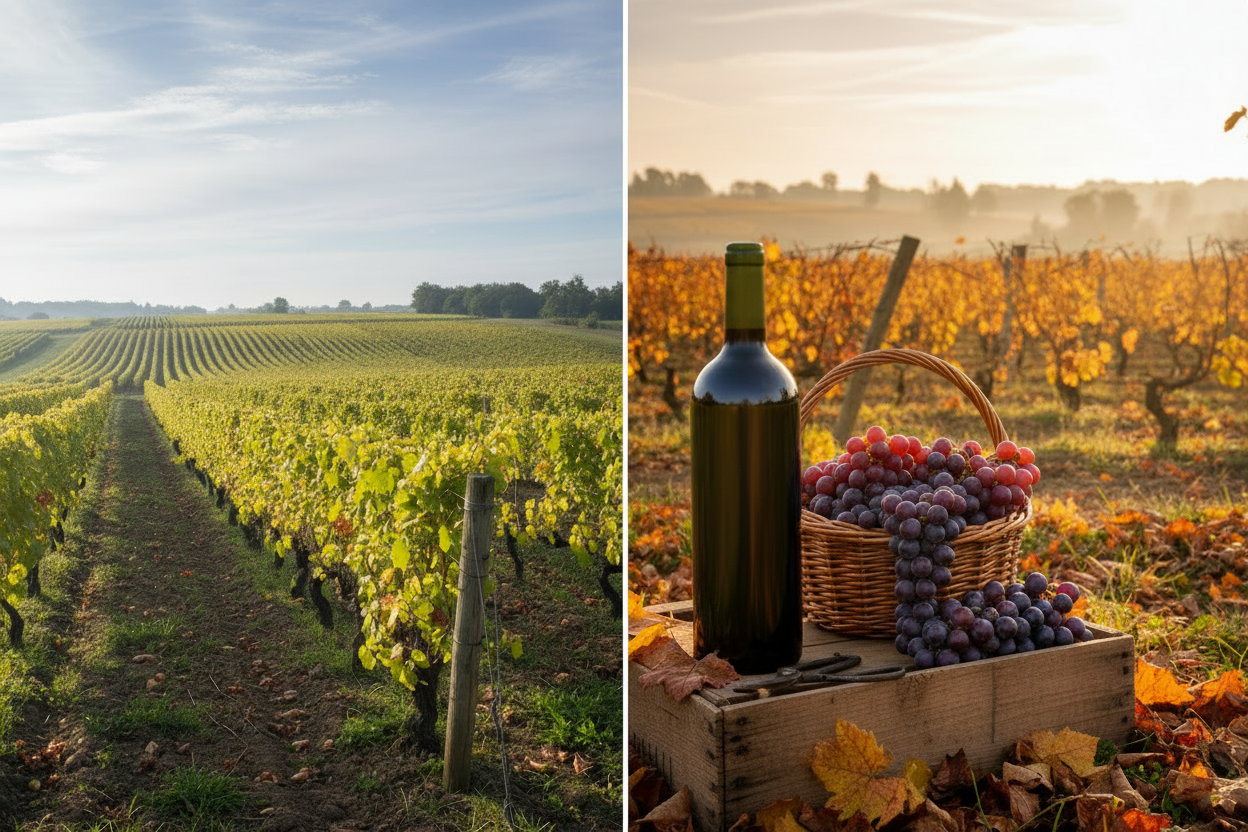 Eine Grafik oder ein Foto, das Jahreszeiten zeigt (z.B. Weinberg im Frühling und Weinflasche im Herbst).