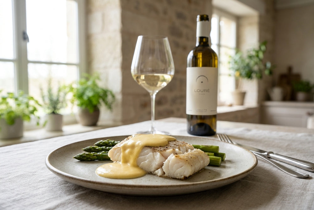 Flétan rôti, sauce hollandaise & grüner Spargel