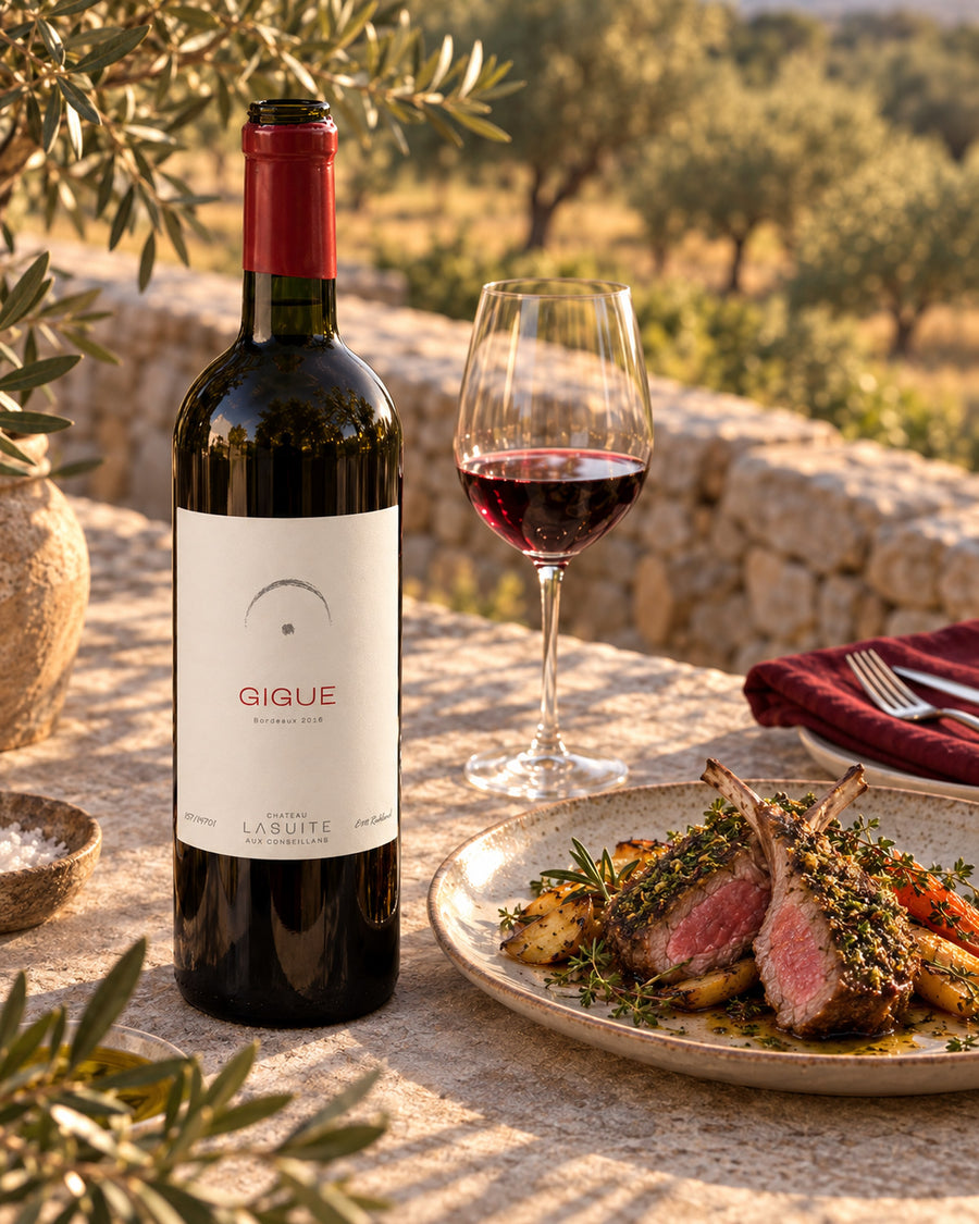 Gigue 2016, Bordeaux Rotwein – Flasche und Glas auf dem Steintisch unter Olivenbäumen, mit Lammkoteletts und Ofengemüse