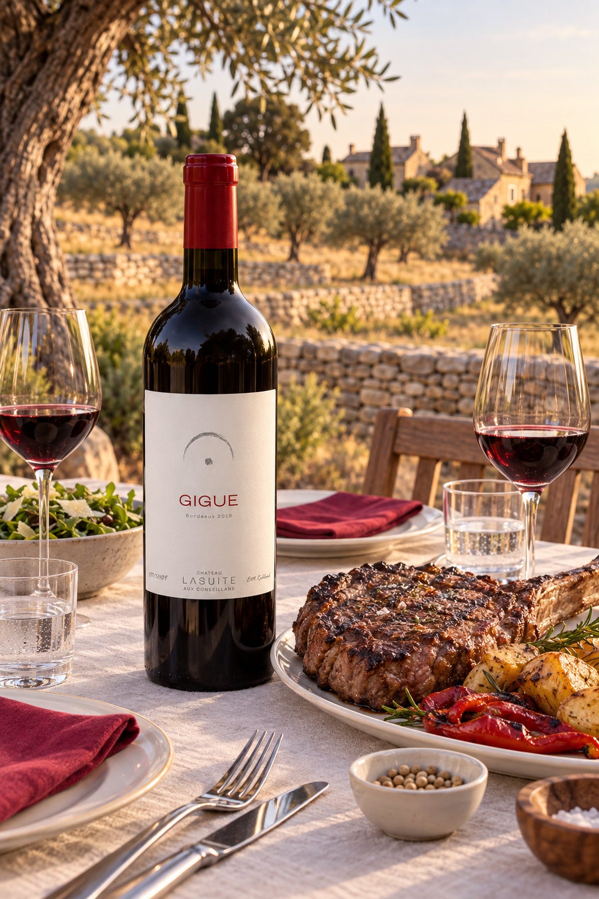 Gigue 2018, Bordeaux Rotwein – Flasche und Gläser zum Côte de Bœuf vom Grill unter Olivenbäumen