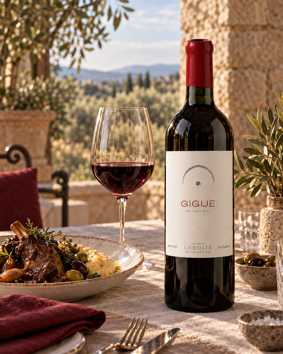 Gigue 2021, Bordeaux Rotwein – Flasche und Glas auf der Terrasse mit Blick auf die Olivenhügel, mit geschmortem Lamm und Polenta