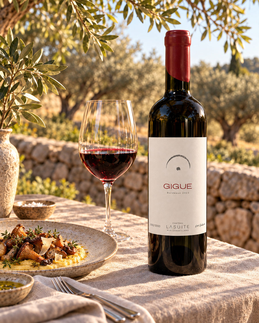 Gigue 2023, Bordeaux Rotwein – Flasche und Glas im Olivenhain, mit Waldpilzen auf Polenta
