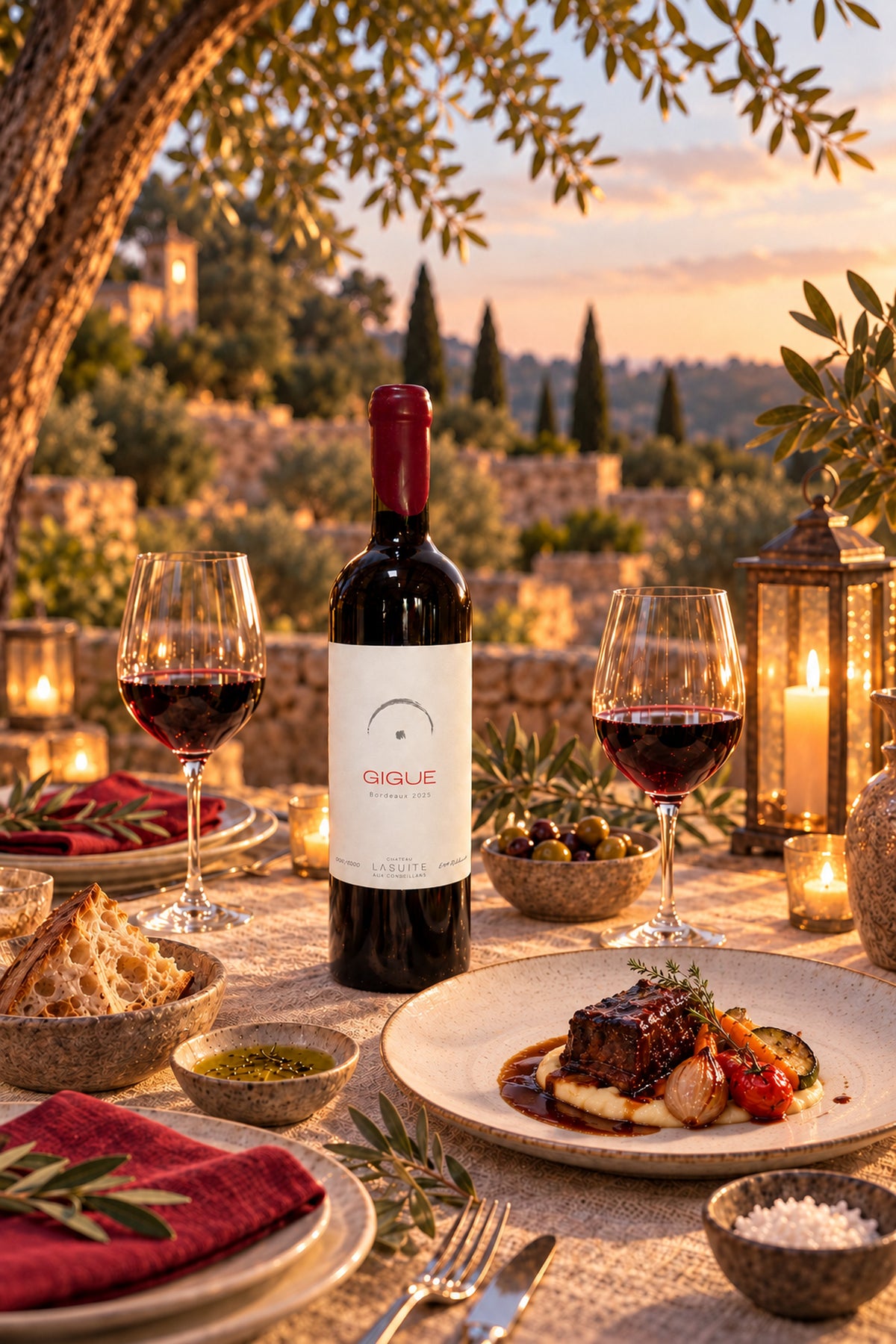 Gigue 2024, Bordeaux Rotwein – so wird dieser Jahrgang einmal serviert: Tisch im Abendlicht unter Olivenbäumen, mit Schmorgericht
