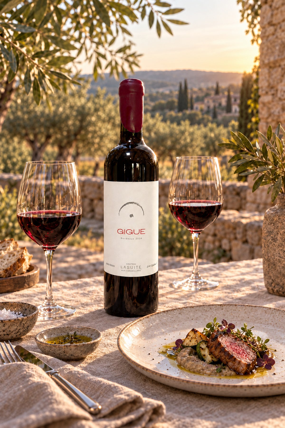 Gigue 2025, Bordeaux Rotwein – so wird dieser Jahrgang einmal serviert: Tisch unter Olivenbäumen, mit rosa gebratenem Fleisch und Gemüse