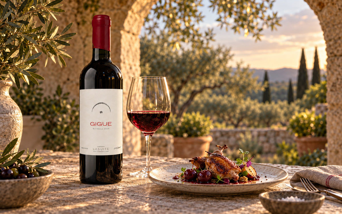 Gigue 2026, Bordeaux Rotwein – so wird dieser Jahrgang einmal serviert: Tisch unter dem Steinbogen vor dem Olivengarten, mit Wachtel und Kirschen