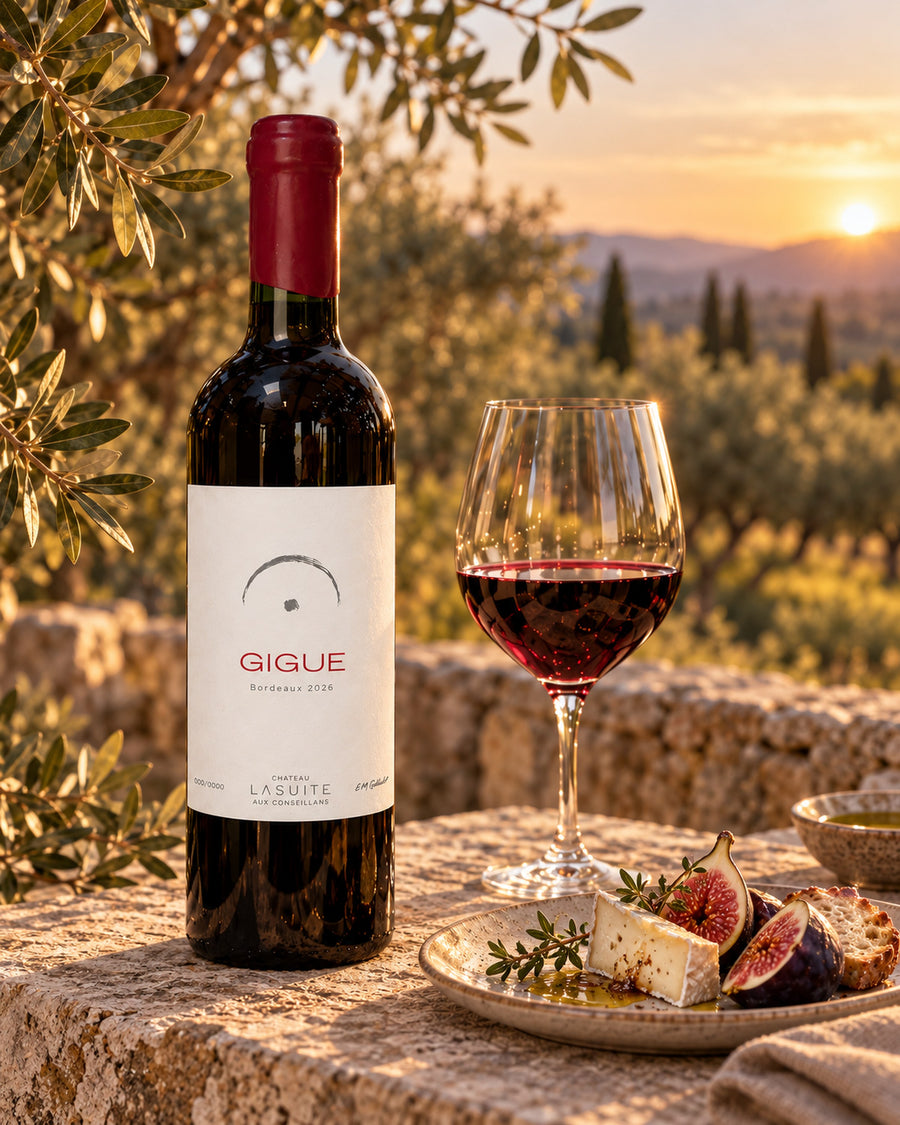 Gigue 2026, Bordeaux Rotwein – so wird dieser Jahrgang einmal serviert: Steinmauer bei Sonnenuntergang, mit Feigen und Käse