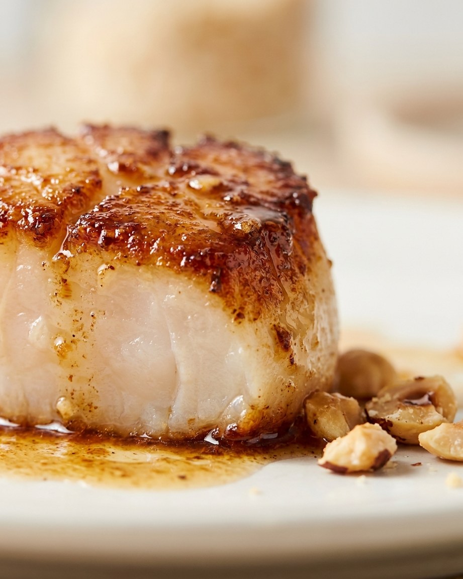 Scallops with a golden crust and a translucent centre, finished with hazelnut butter and toasted hazelnuts.