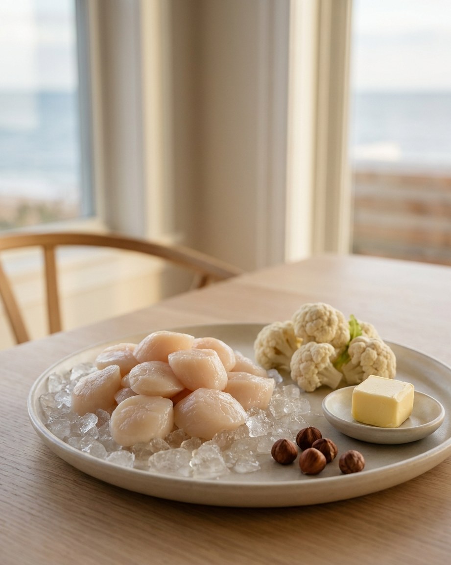 The ingredients: scallops on ice, cauliflower, butter and hazelnuts.