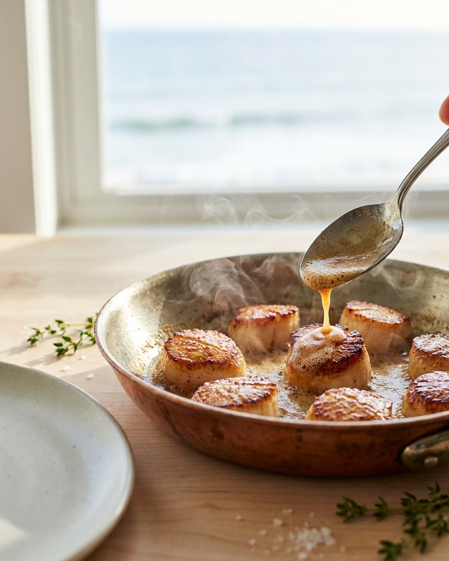 Searing the scallops: 1–1½ minutes per side, until a golden crust forms and the centre stays translucent.