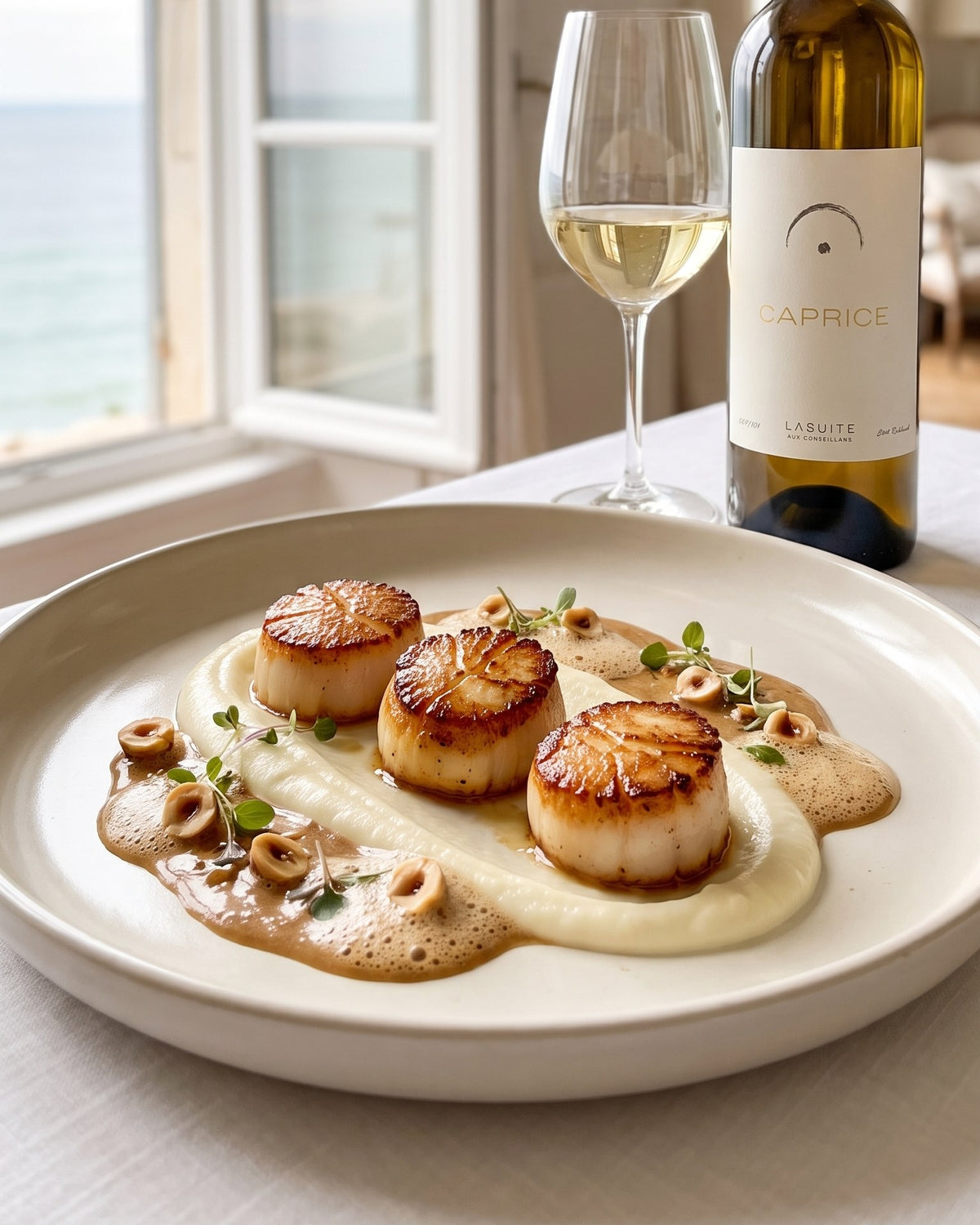 With Caprice: its saline, mineral clarity lifts the sweetness of the scallops and the toasted note of the hazelnut butter.