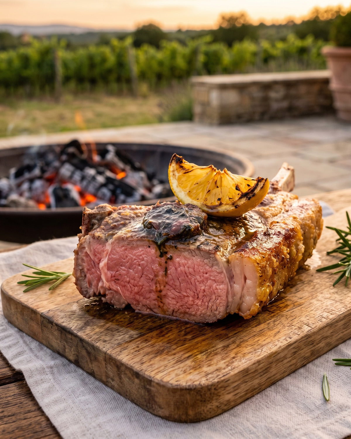 Côtelette d'agneau grillée rosée, beurre anchois-romarin et citron grillé.