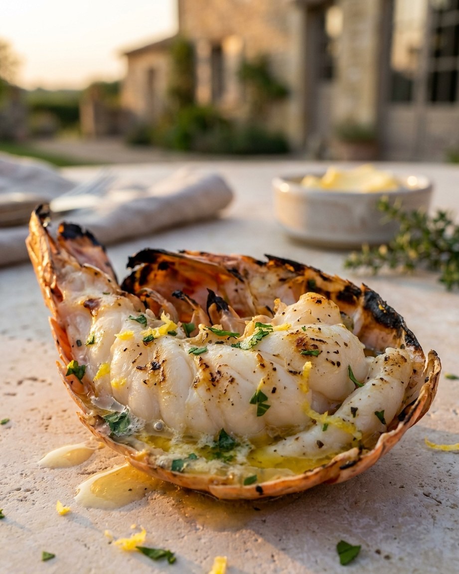 Langoustine grillée, beurre à l'ail et aux herbes fondu, bord légèrement fumé.
