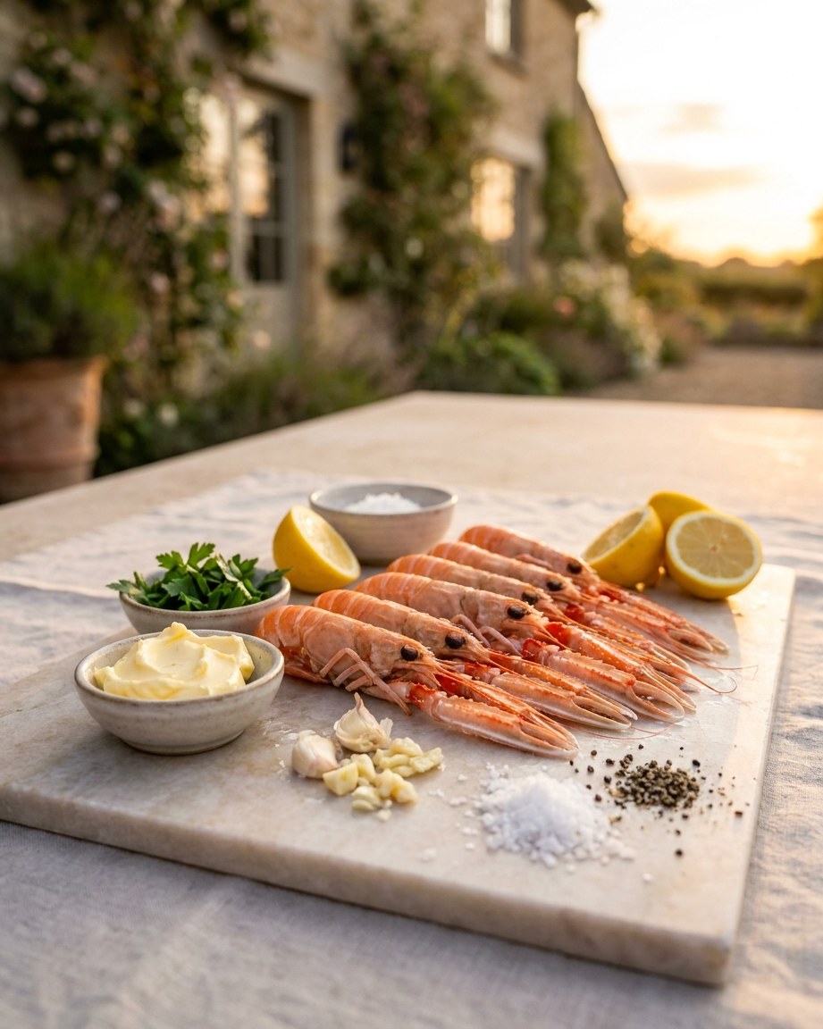 Les ingrédients : langoustines crues, beurre, persil, ail, citron, sel de mer et poivre.