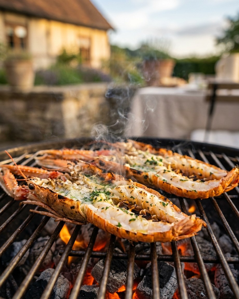 Griller : cuire les langoustines coupées en deux sur une braise vive et les badigeonner généreusement de beurre aux herbes.