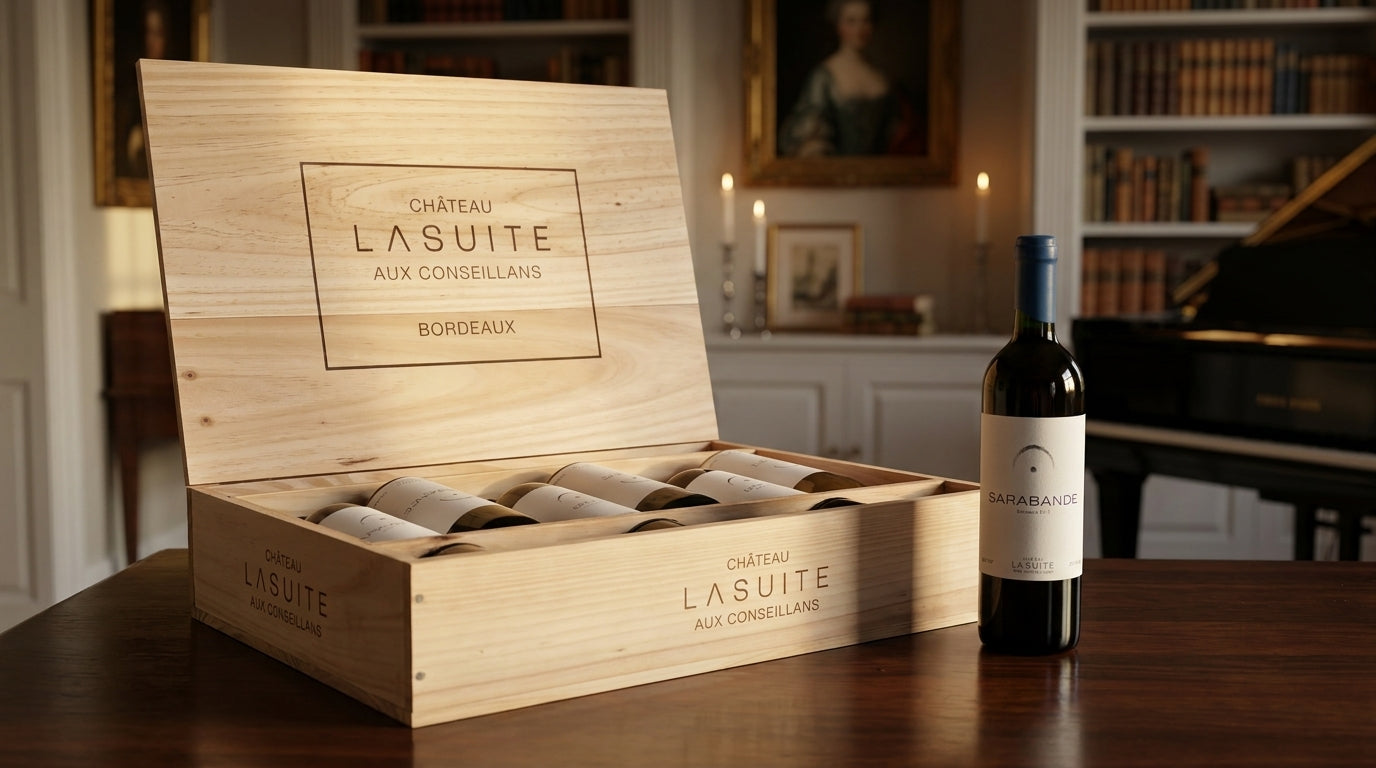 Le Cercle — die originale 6er-Holzkiste von Château LaSuite mit Cuvées in warmem, edlem Ambiente